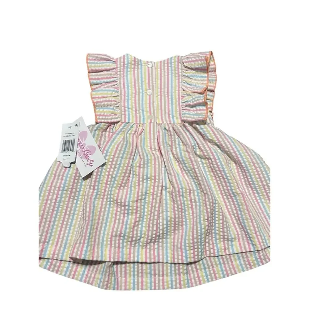 Bonnie Baby NWT Spring Birds Smocked Pastel Striped Dress 12 Months